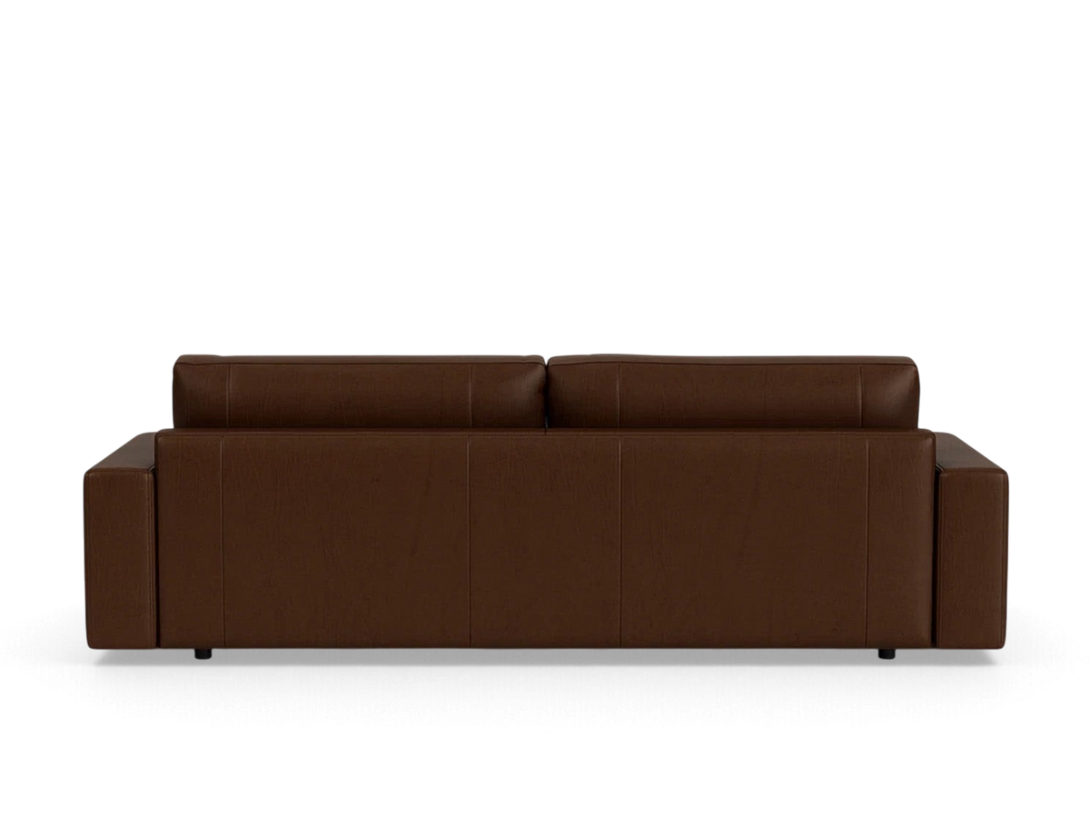 urbane EQ3 Cello Plush 96-inch sofa in brown leather, shown from the back view with a clean, modern silhouette.