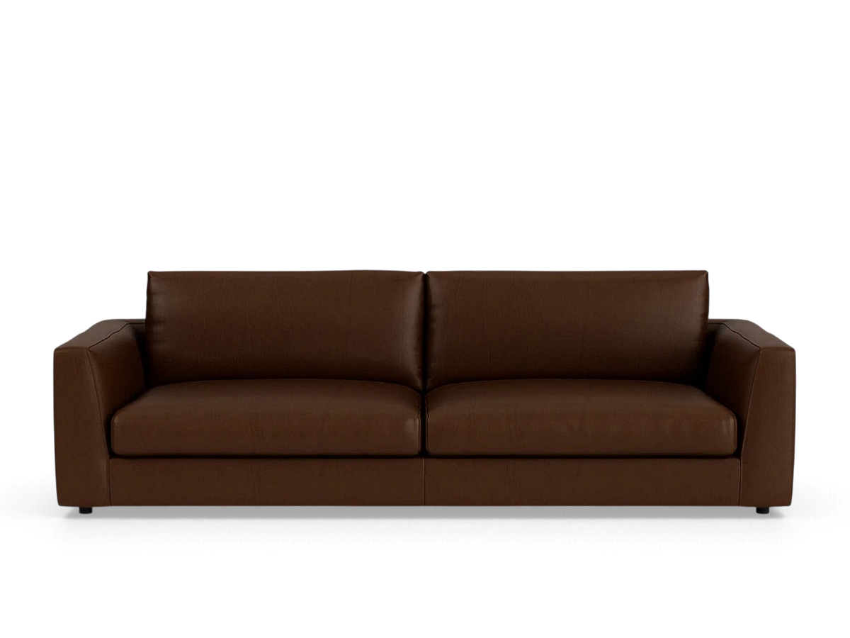 urbane EQ3 Cello Plush 96-inch sofa in dark brown leather with deep, comfortable cushions and a sleek modern design.
