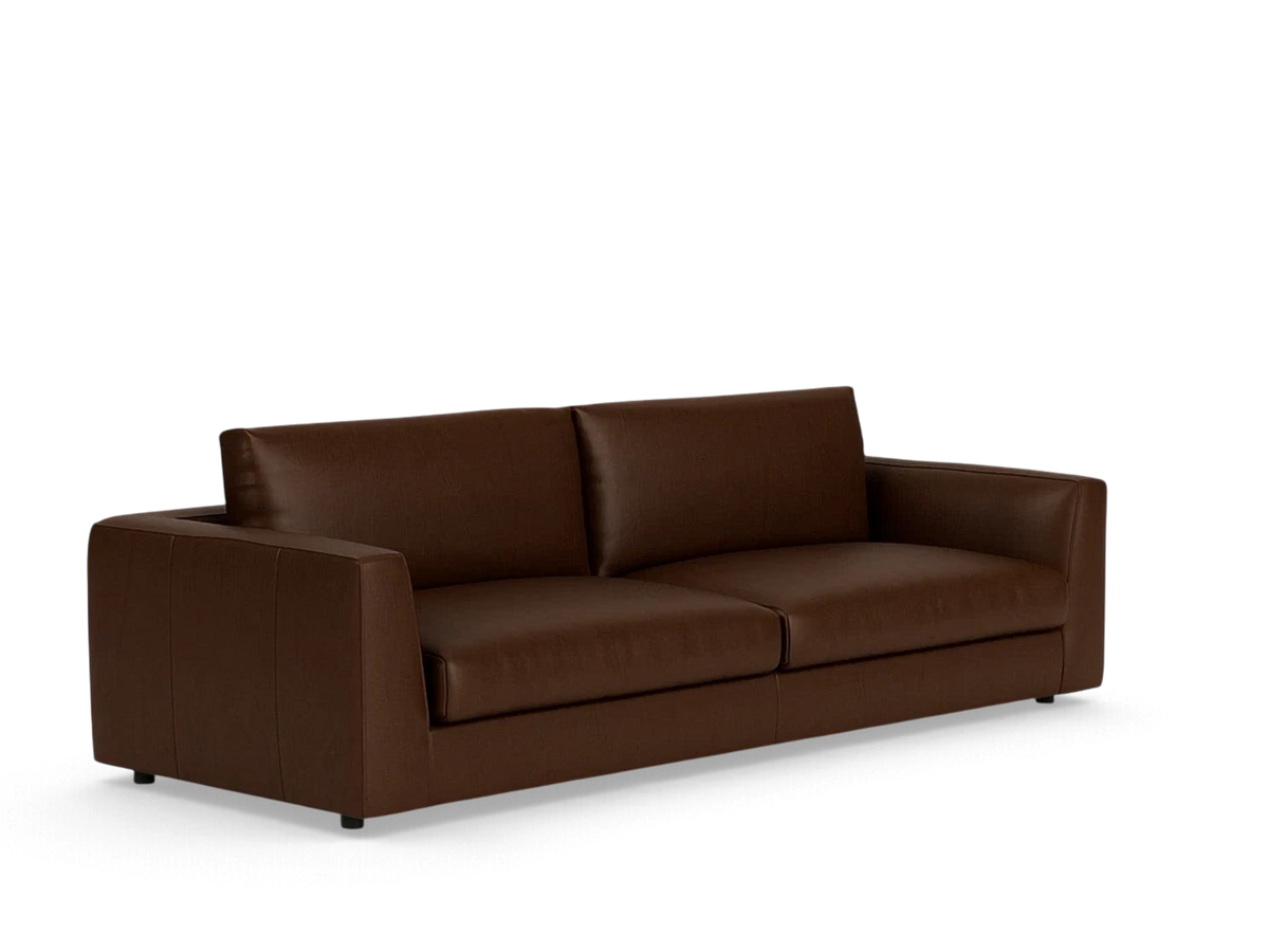 urbane EQ3 Cello Plush 96-inch sofa in dark brown leather with a sleek, low-profile design and deep seat cushions.