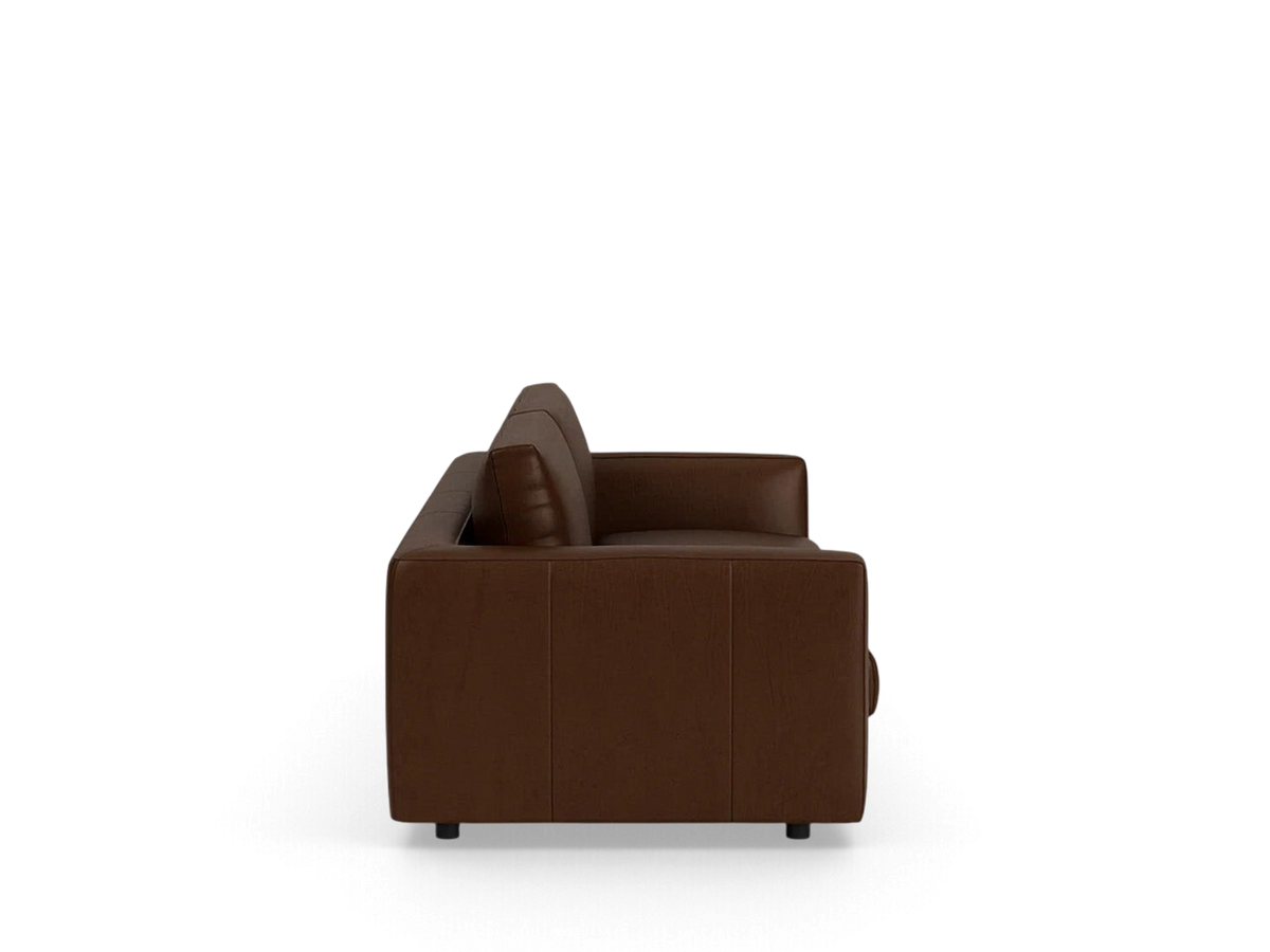 urbane EQ3 Cello Plush 96 inch sofa in brown leather viewed from the side showing the angled arm design