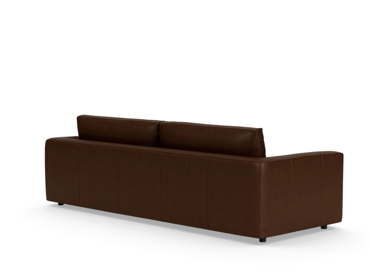 urbane EQ3 Cello Plush 96 inch sofa in dark brown leather viewed from the back showing clean modern lines