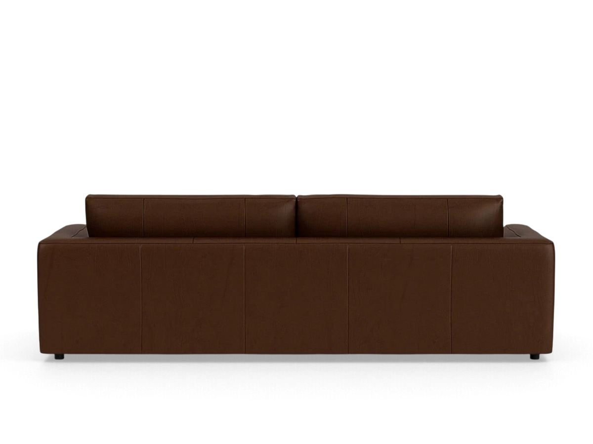 urbane EQ3 Cello Plush 96 inch sofa in brown leather, shown from a straight back view.