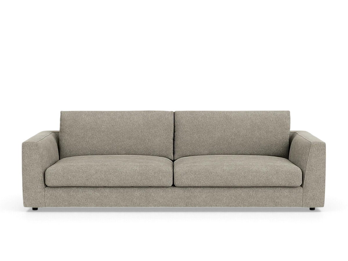 urbane EQ3 Cello Plush 96-inch sofa in a neutral grey fabric with deep, comfortable feather-filled cushions.