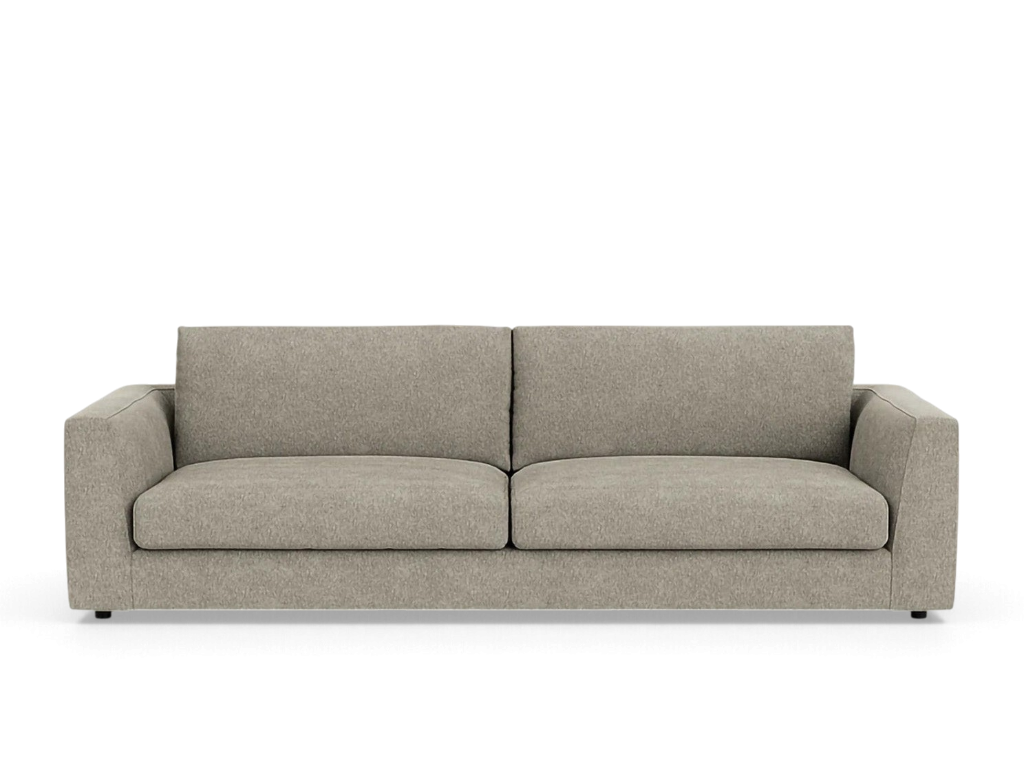 urbane EQ3 Cello Plush 96-inch sofa in a neutral grey fabric with deep, comfortable feather-filled cushions.