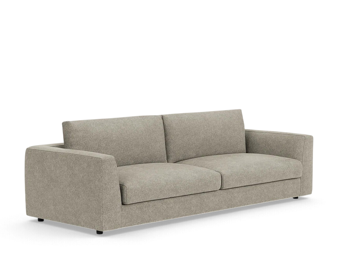 urbane EQ3 Cello Plush 96-inch sofa in a neutral beige fabric with deep, comfortable feather-filled cushions.