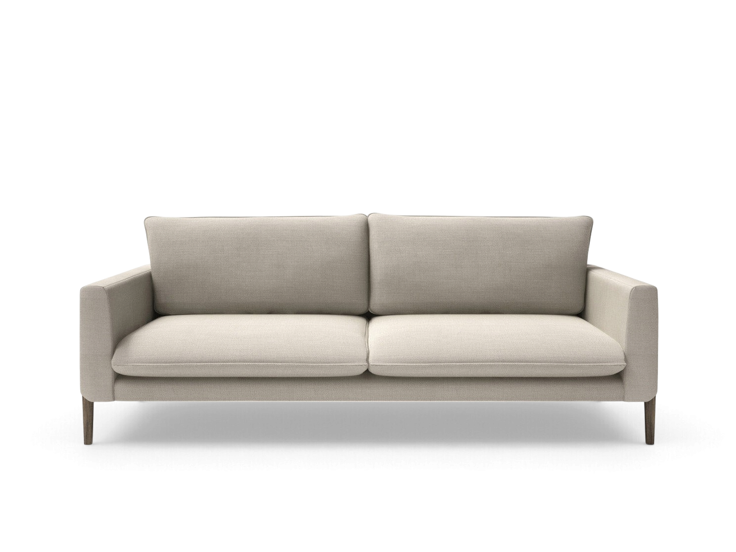 urbane EQ3 Charles sofa in beige fabric with slim armrests and solid birch legs, front view
