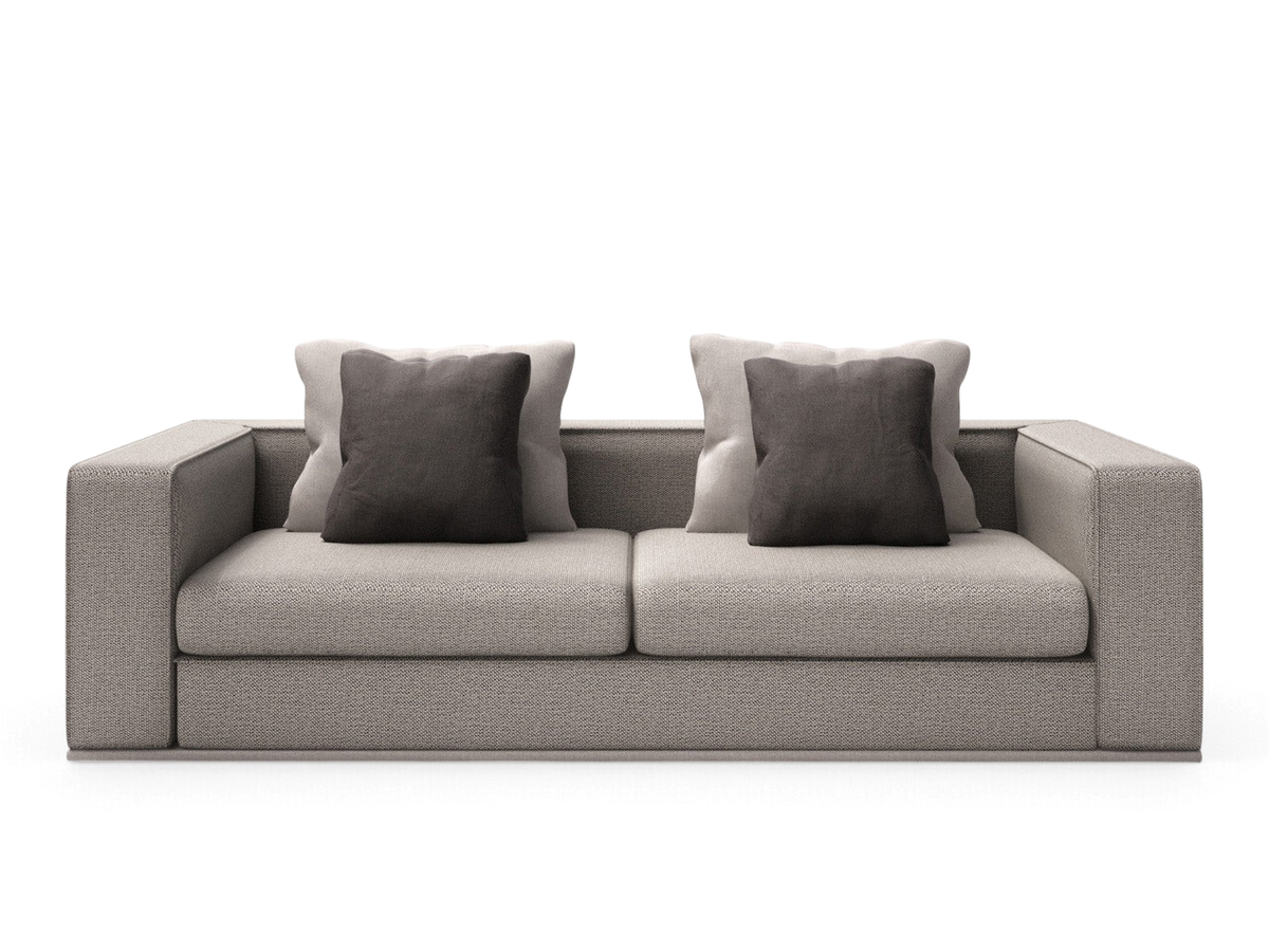 urbane EQ3 Chelsea sofa in light grey fabric with dark grey accent cushions and clean modern lines