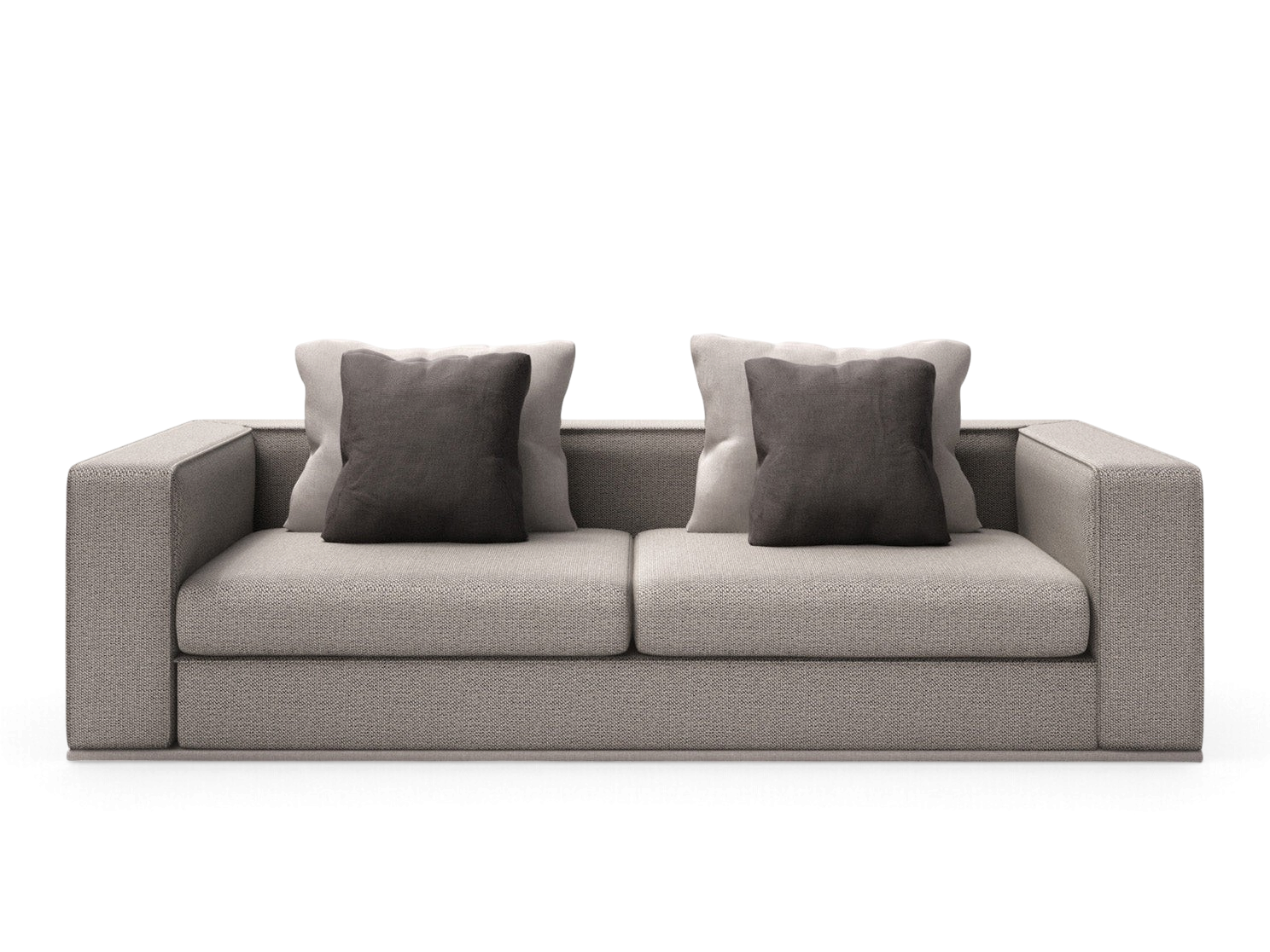 urbane EQ3 Chelsea sofa in light grey fabric with dark grey accent cushions and clean modern lines