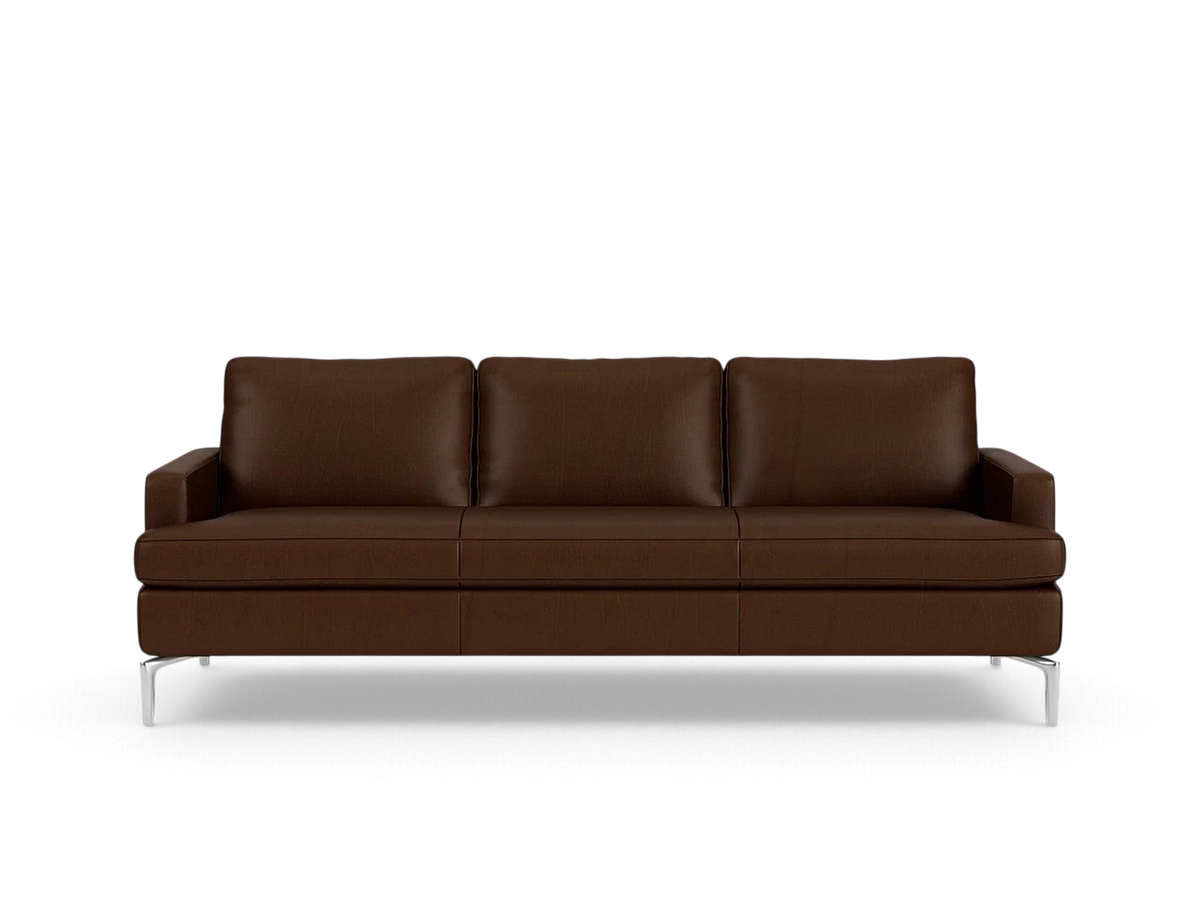 urbane EQ3 Eve Classic sofa in brown leather with sleek solid aluminum legs and plush feather-filled cushions