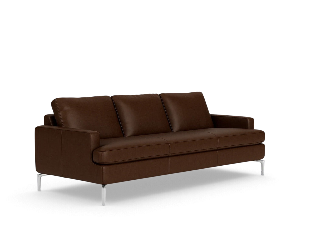 urbane EQ3 Eve Classic sofa in dark brown leather with modern solid aluminum legs and plush feather-filled cushions