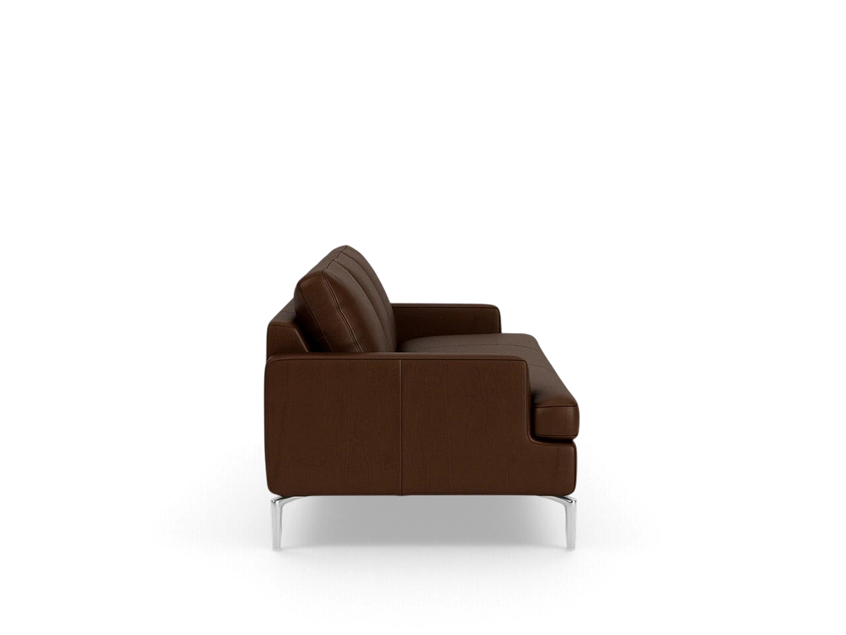 urbane EQ3 Eve Classic sofa in brown leather with solid aluminum legs, side profile view