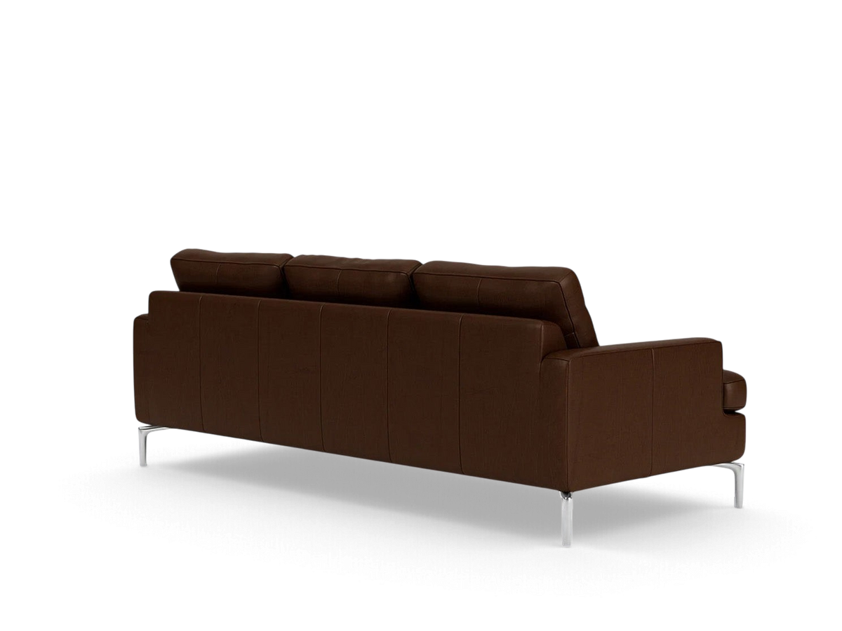 urbane EQ3 Eve Classic sofa in dark brown leather with sleek solid aluminum legs, shown from a rear angle