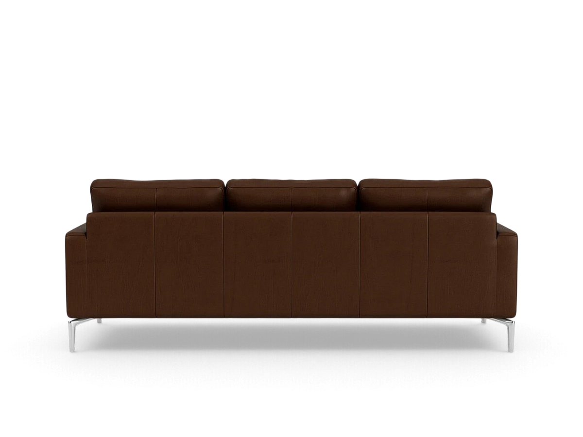 Back view of the urbane EQ3 Eve Classic Sofa in brown leather with sleek solid aluminum legs.