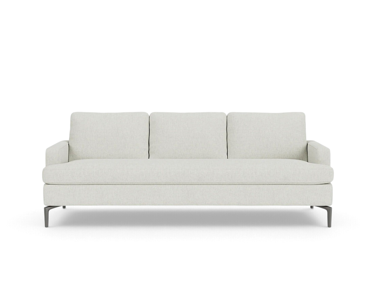 urbane EQ3 Eve Classic sofa in light beige fabric with sleek solid aluminum legs and comfortable feather cushions
