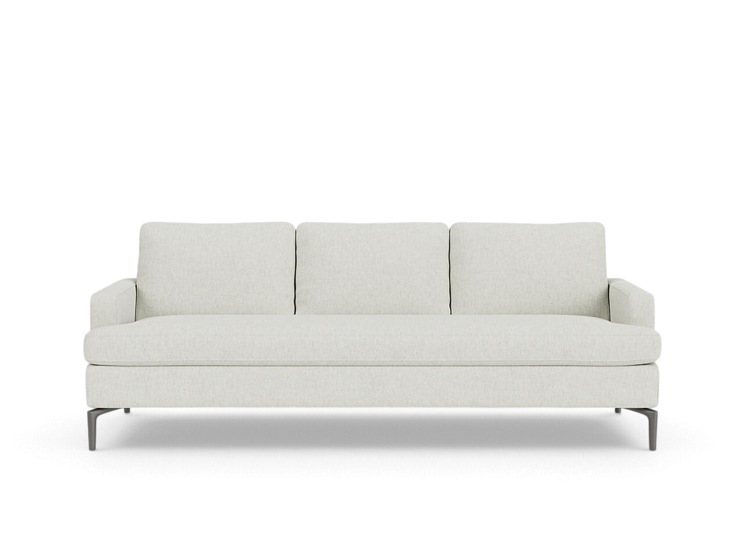 urbane EQ3 Eve Classic sofa in light beige fabric with sleek solid aluminum legs and comfortable feather cushions