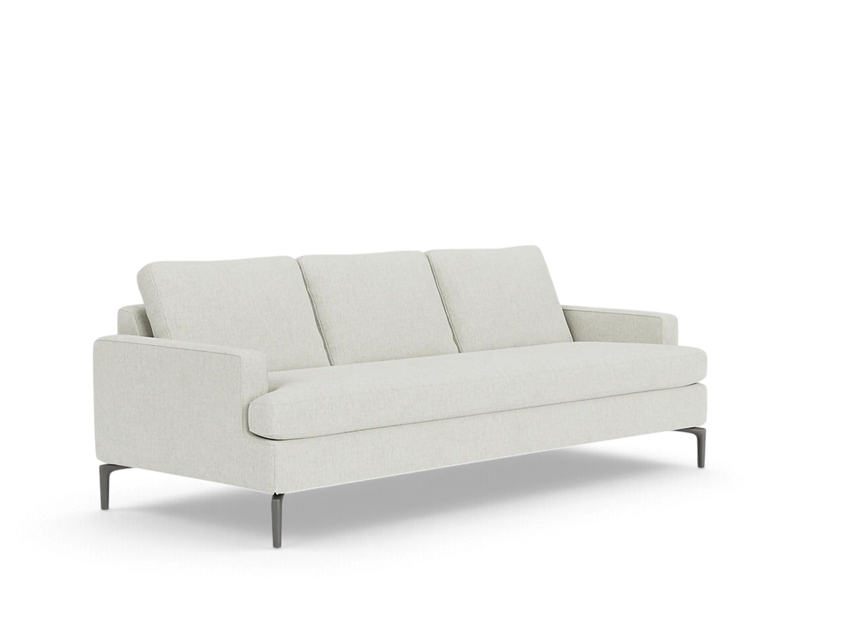 urbane EQ3 Eve Classic sofa in light beige fabric with sleek solid aluminum legs and comfortable feather cushions