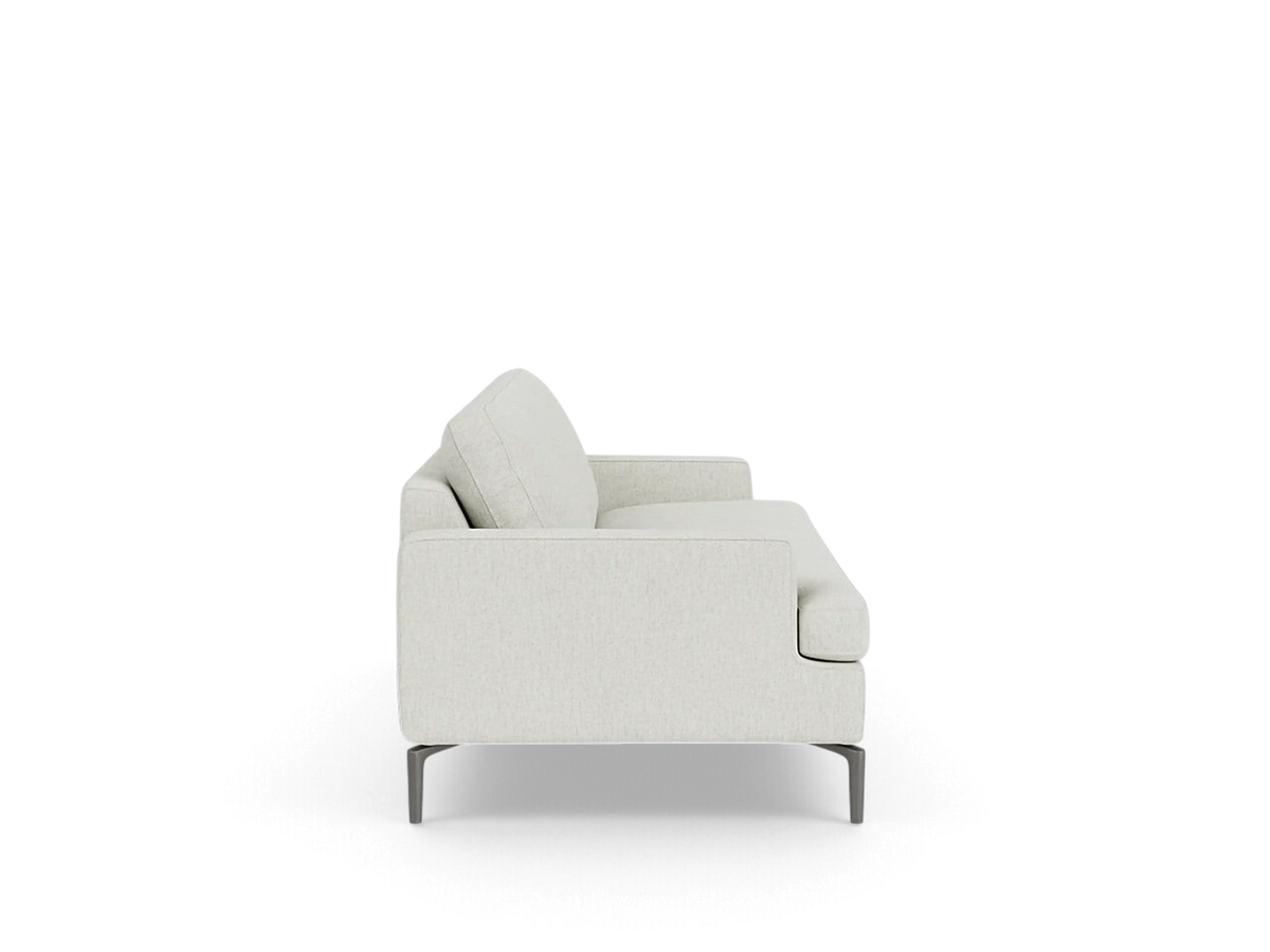 urbane EQ3 Eve Classic sofa in light beige fabric with solid aluminum legs, side view