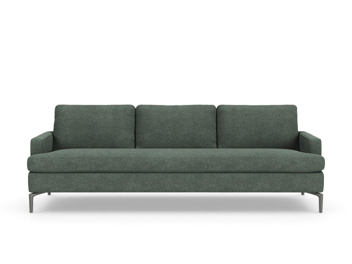 urbane EQ3 Eve Grand 92 inch sofa in dark green fabric with solid aluminum legs and plush feather cushions