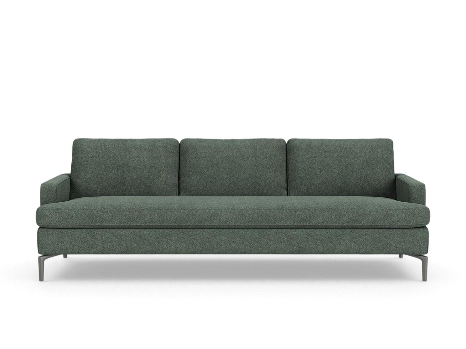urbane EQ3 Eve Grand 92 inch sofa in dark green fabric with solid aluminum legs and plush feather cushions