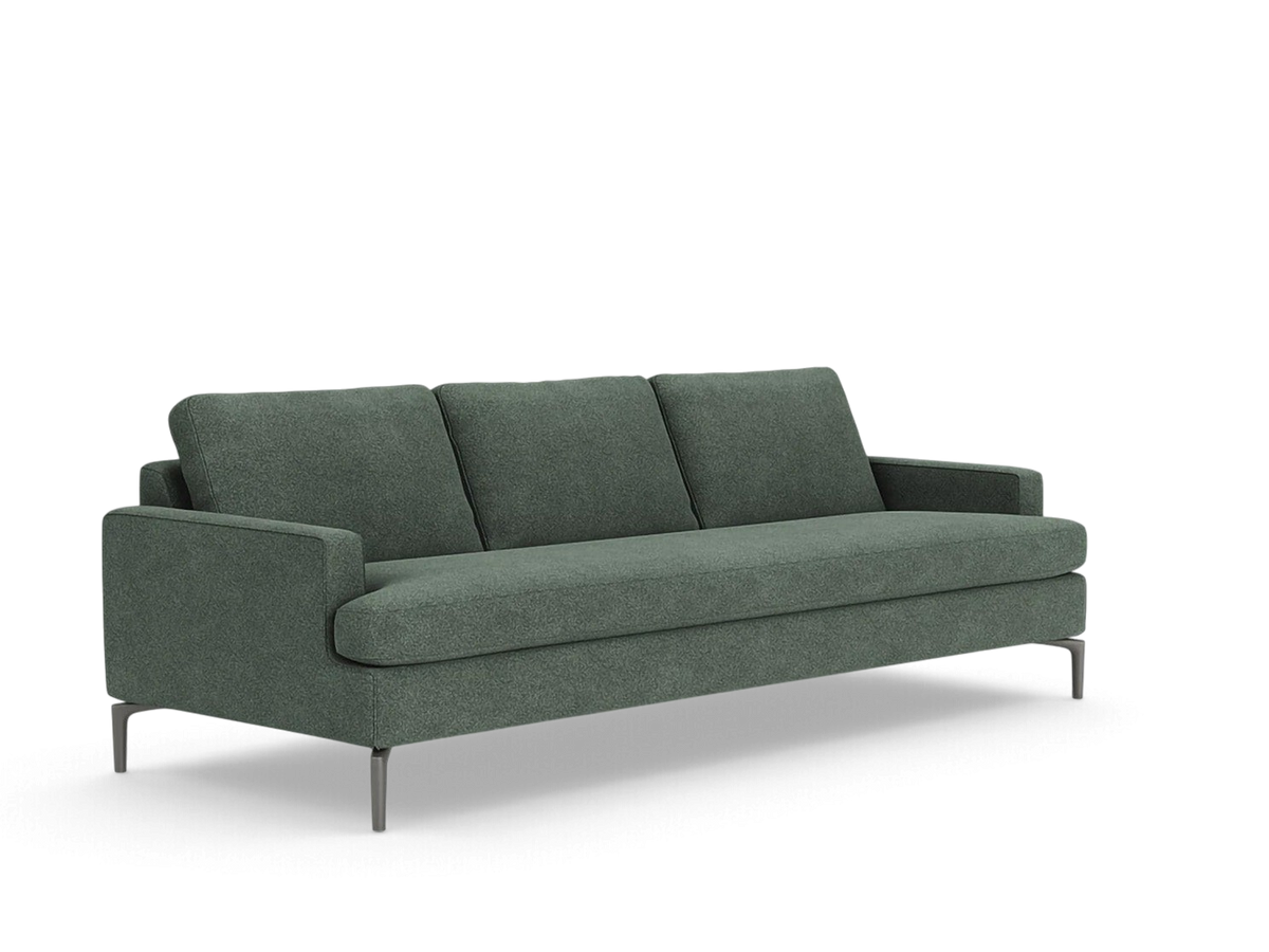 urbane EQ3 Eve Grand 92 inch sofa in dark green fabric with sleek solid aluminum legs and comfortable bench seating