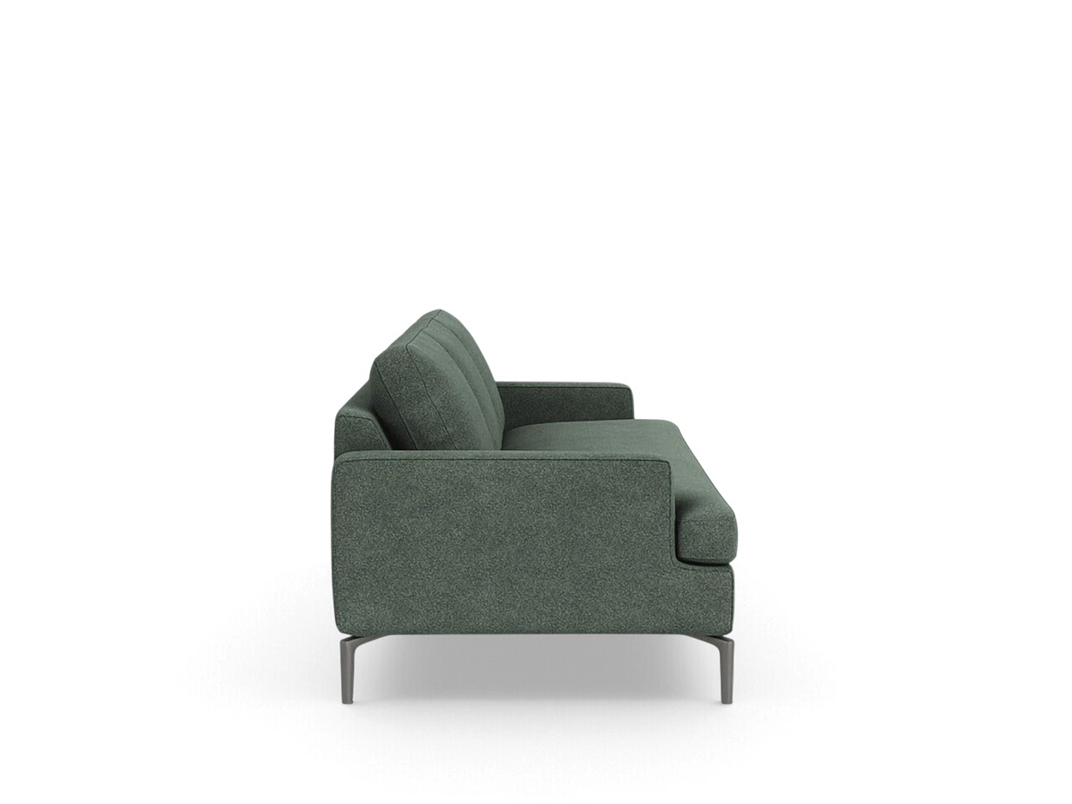 urbane EQ3 Eve Grand 92-inch sofa in green fabric with solid aluminum legs, side view