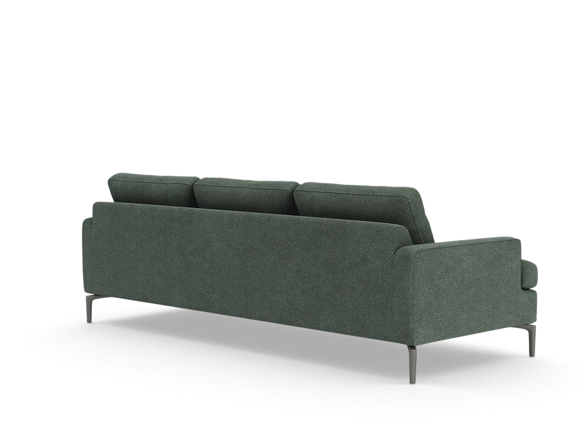 urbane EQ3 Eve Grand 92-inch sofa in dark green fabric with sleek solid aluminum legs, back view