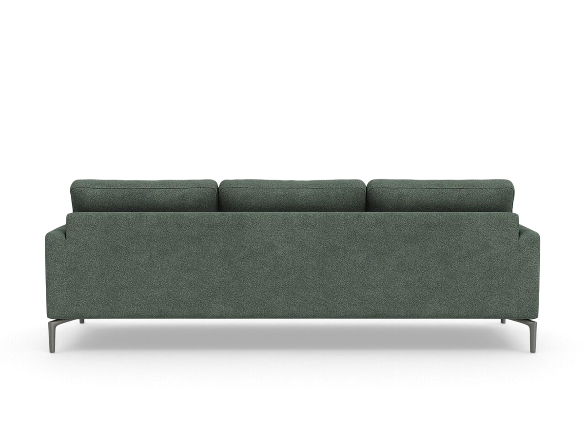 urbane EQ3 Eve Grand 92 inch sofa in dark green fabric with solid aluminum legs, back view