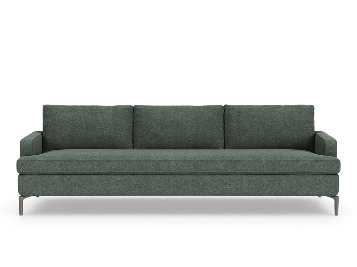 urbane EQ3 Eve Grand 99 inch sofa in dark green fabric with sleek solid aluminum legs and plush feather cushions
