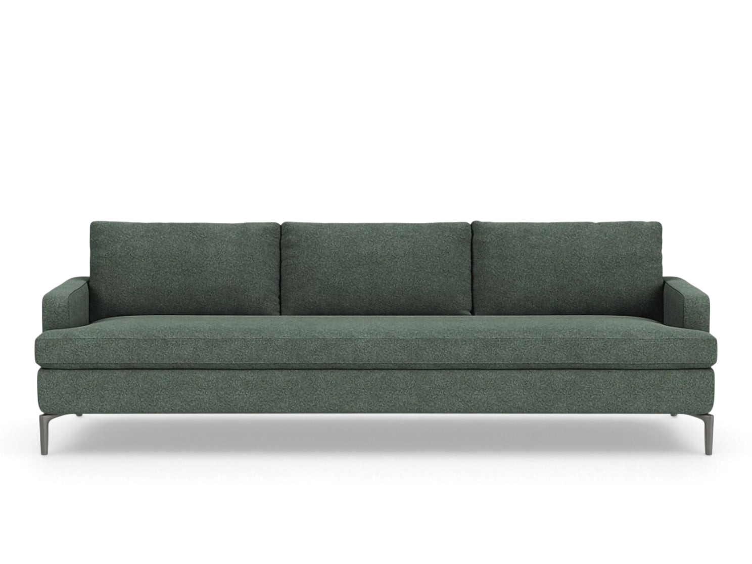 urbane EQ3 Eve Grand 99 inch sofa in dark green fabric with sleek solid aluminum legs and plush feather cushions