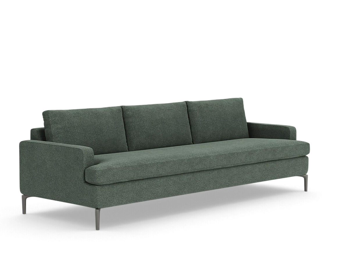 urbane EQ3 Eve Grand 99-inch sofa in dark green fabric with sleek solid aluminum legs and plush feather cushions