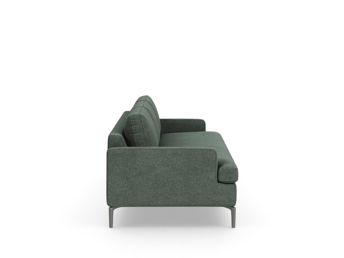 urbane EQ3 Eve Grand 99 inch sofa in green fabric with solid aluminum legs, side view