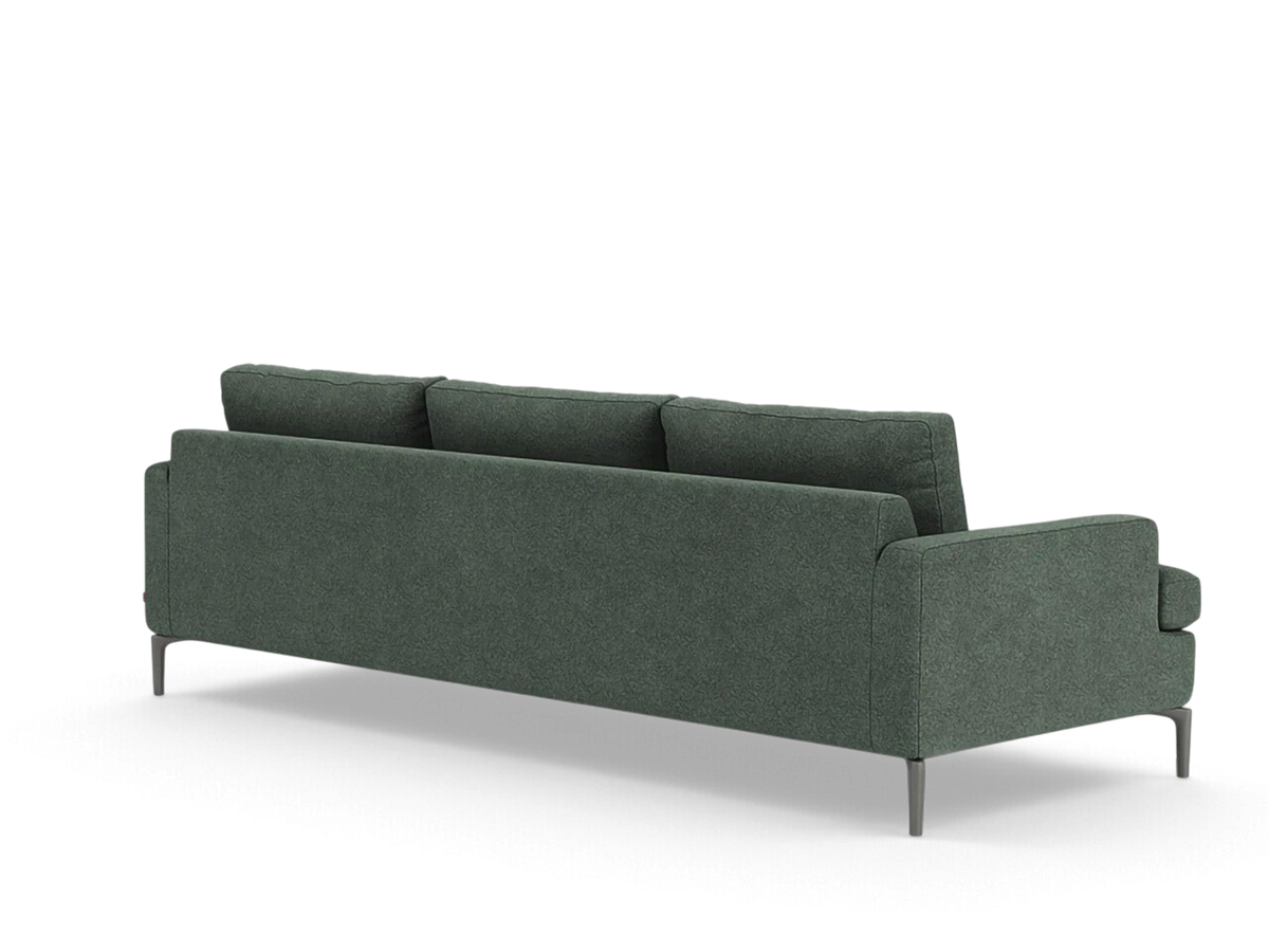 urbane EQ3 Eve Grand 99 inch sofa in dark green fabric with solid aluminum legs, rear view
