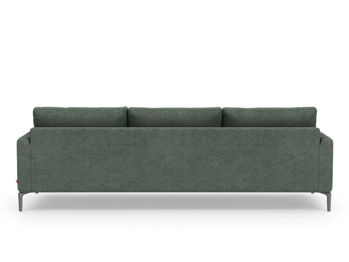 urbane EQ3 Eve Grand 99 inch sofa in dark green fabric with sleek aluminum legs, shown from a rear view.