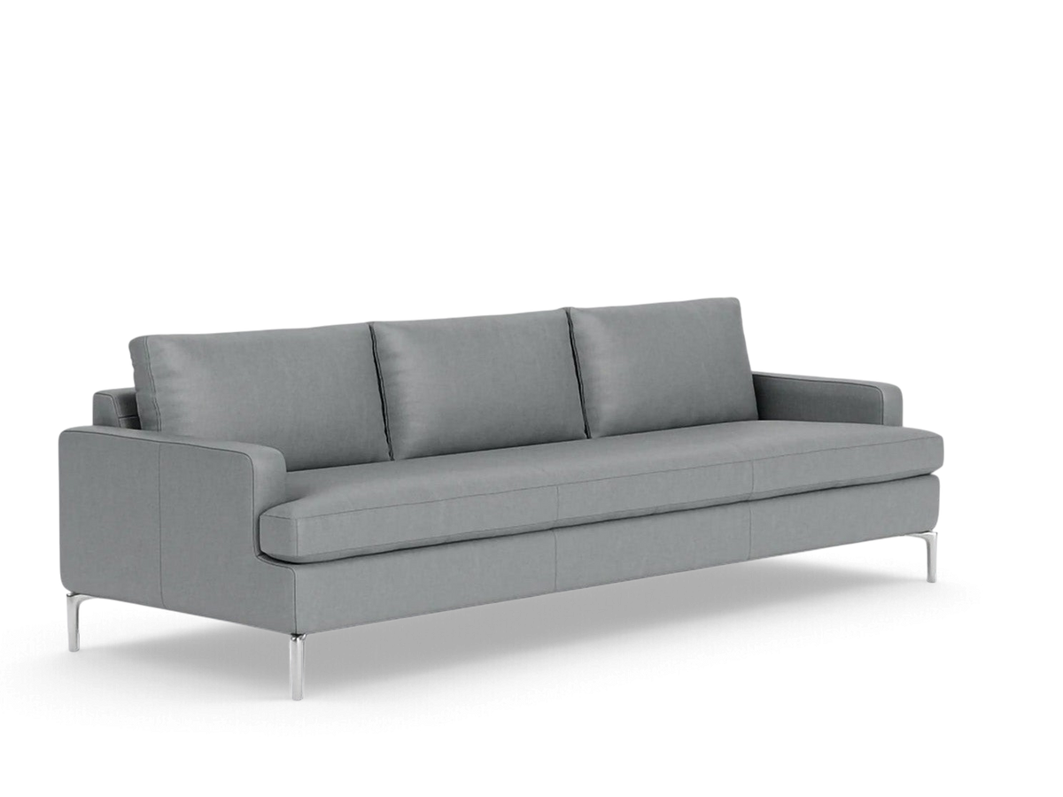 urbane EQ3 Eve Grand 99 inch grey sofa with clean metropolitan design, feather cushions, and solid aluminum legs.