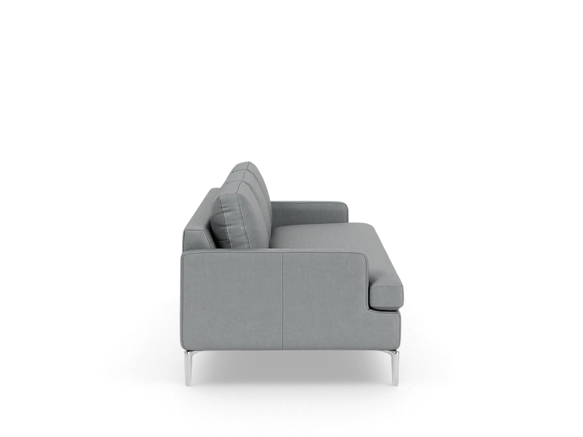 urbane EQ3 Eve Grand 99 inch sofa in grey fabric with sleek solid aluminum legs, side profile view