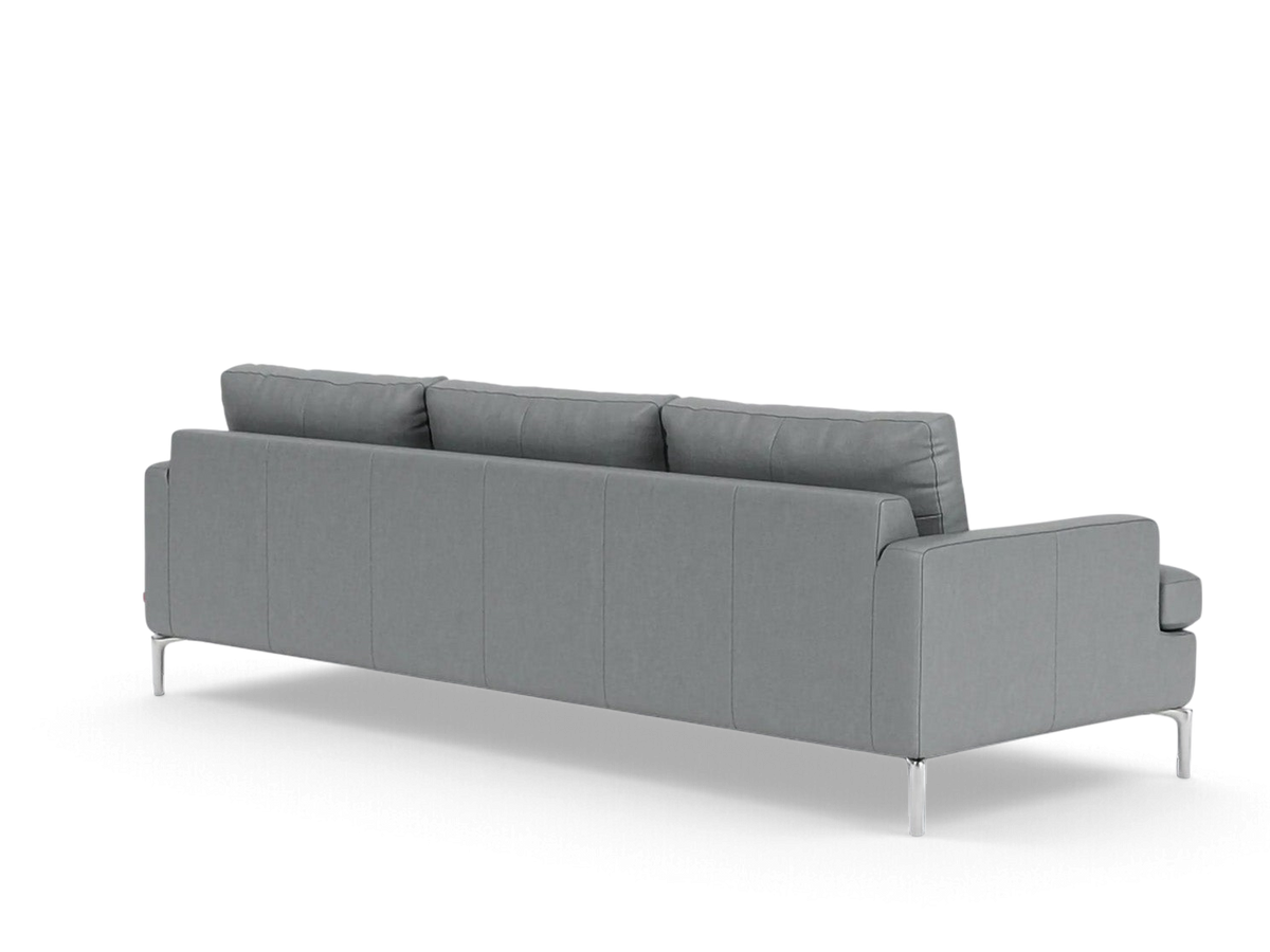 urbane EQ3 Eve Grand 99 inch sofa in grey fabric with sleek solid aluminum legs, shown from a rear angle