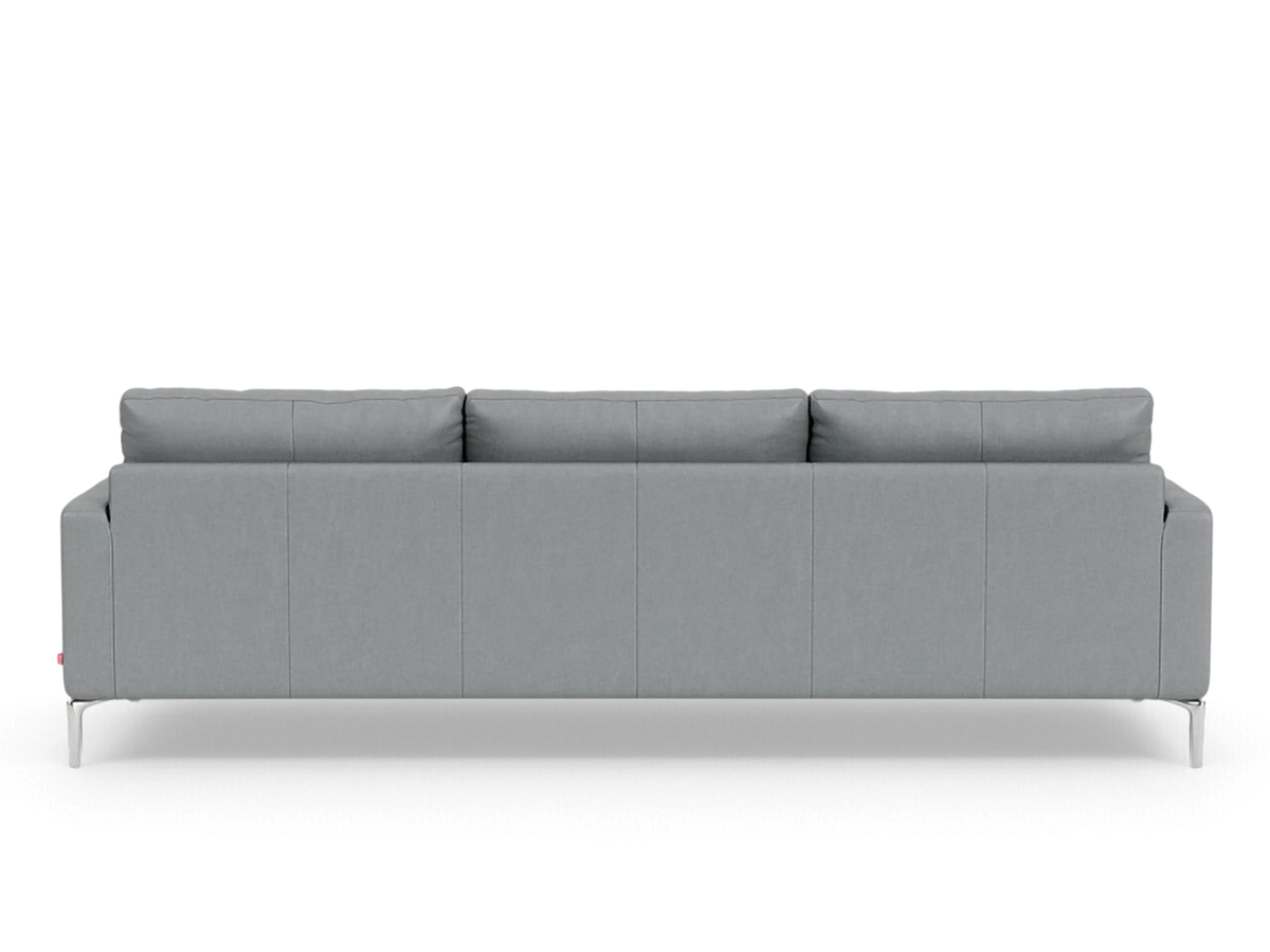 urbane EQ3 Eve Grand 99 inch sofa in grey fabric with sleek solid aluminum legs, shown from a rear view.