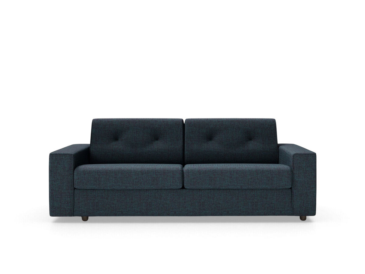 urbane EQ3 Fold double sofabed in dark blue fabric with tufted cushions and a modern compact design
