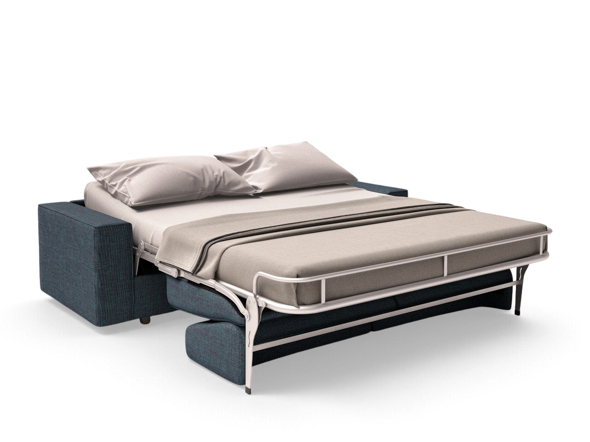 urbane EQ3 Fold double sofabed in blue fabric with an orthopedic mattress and integrated Italian mechanism