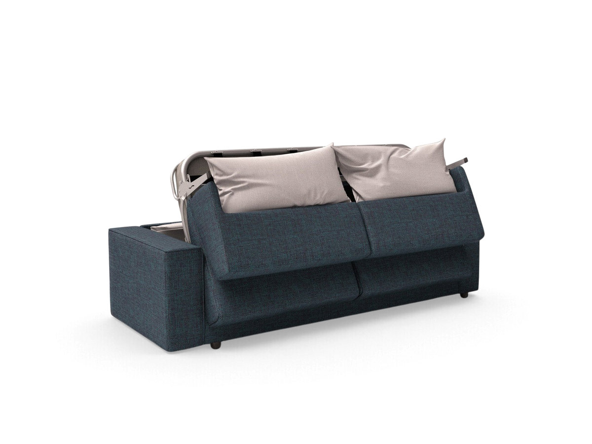urbane EQ3 Fold double sofabed in dark blue fabric with integrated pillow storage and modern tufted cushions