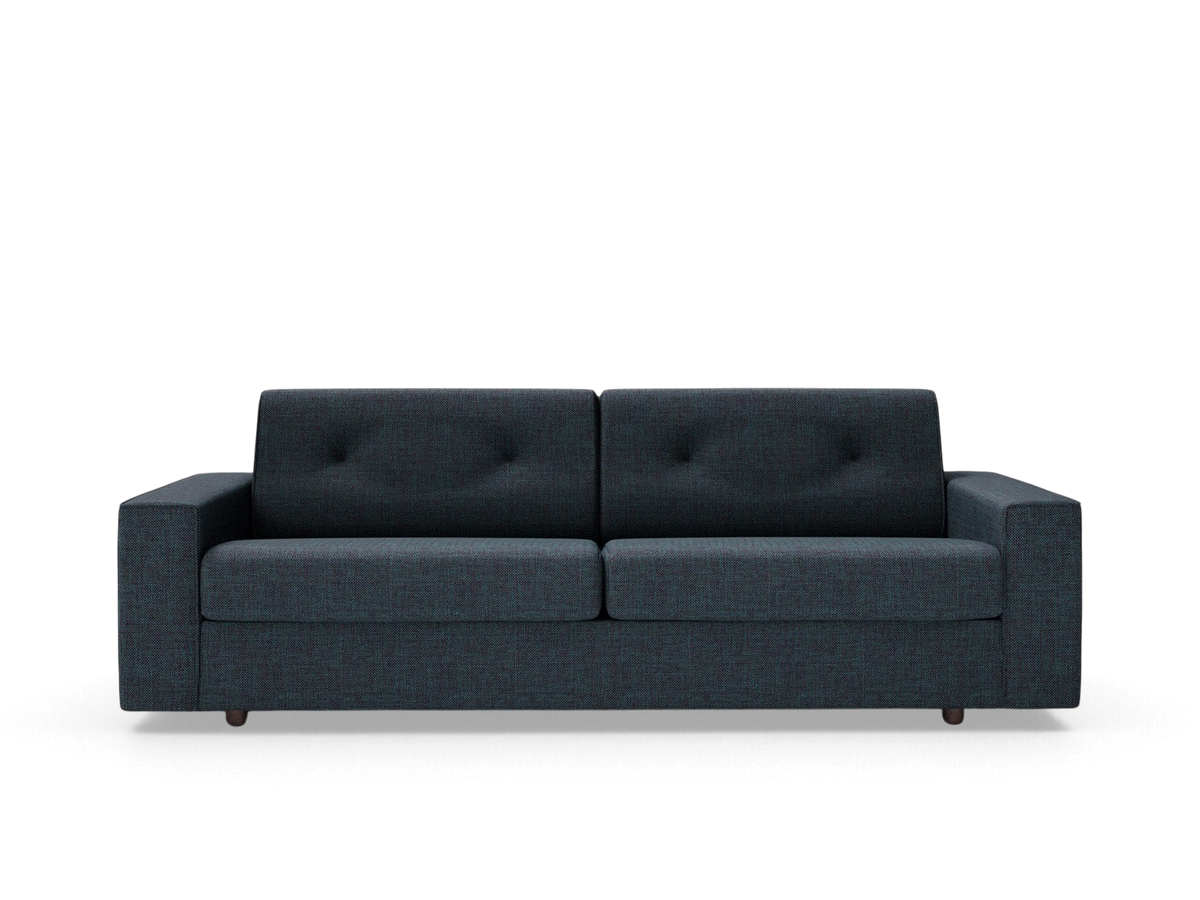 urbane EQ3 Fold queen sofabed in dark blue fabric with tufted cushions and a modern, compact design.