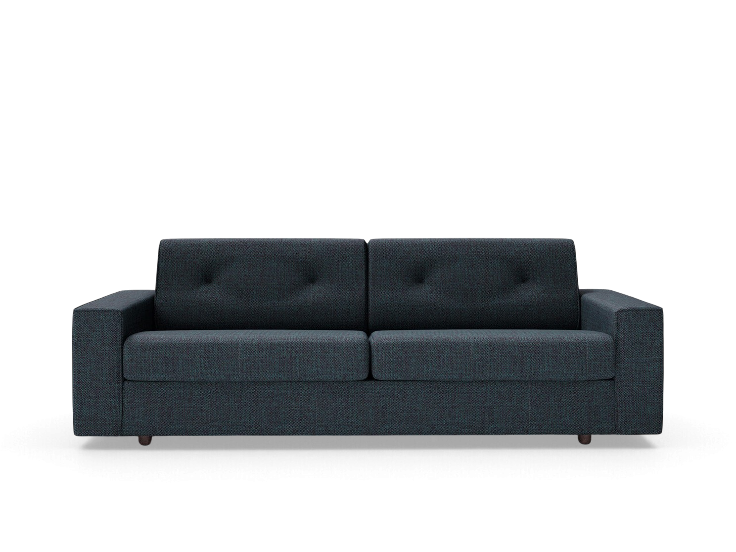 urbane EQ3 Fold queen sofabed in dark blue fabric with tufted cushions and a modern, compact design.