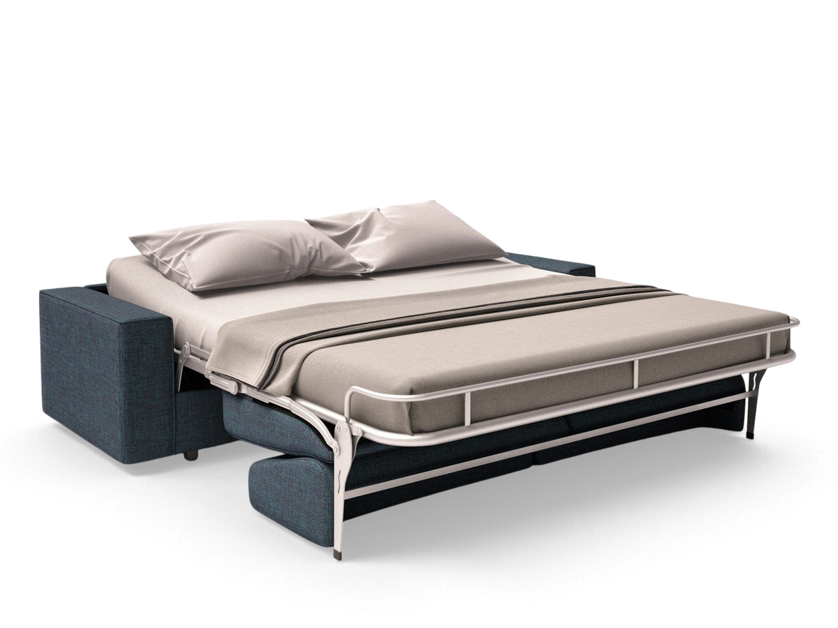 urbane EQ3 Fold queen sofabed in dark blue fabric with an open orthopedic mattress and pillows on a white background