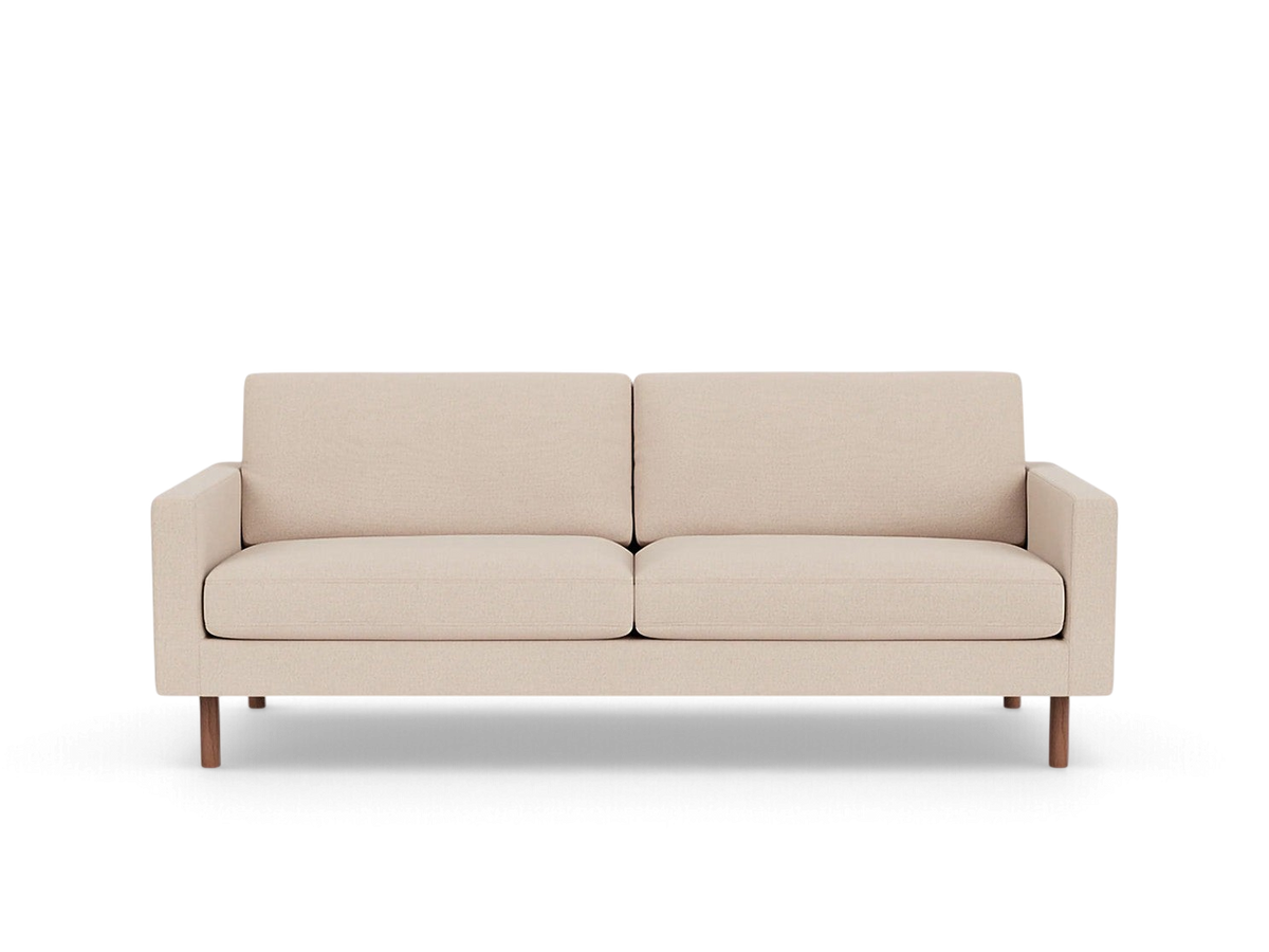 urbane EQ3 Joan 83-inch mid-century modern sofa in beige fabric with wooden legs