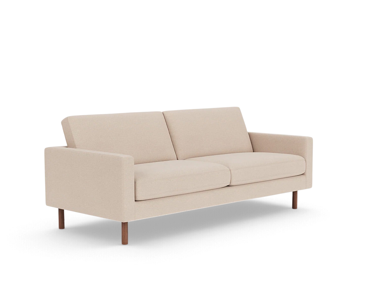 urbane EQ3 Joan 83-inch mid-century modern sofa in beige fabric with tapered wooden legs
