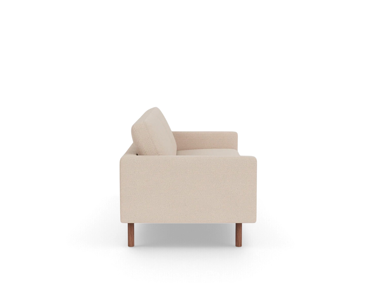 urbane EQ3 Joan 83-inch mid-century modern sofa in beige fabric with wooden legs, side profile view