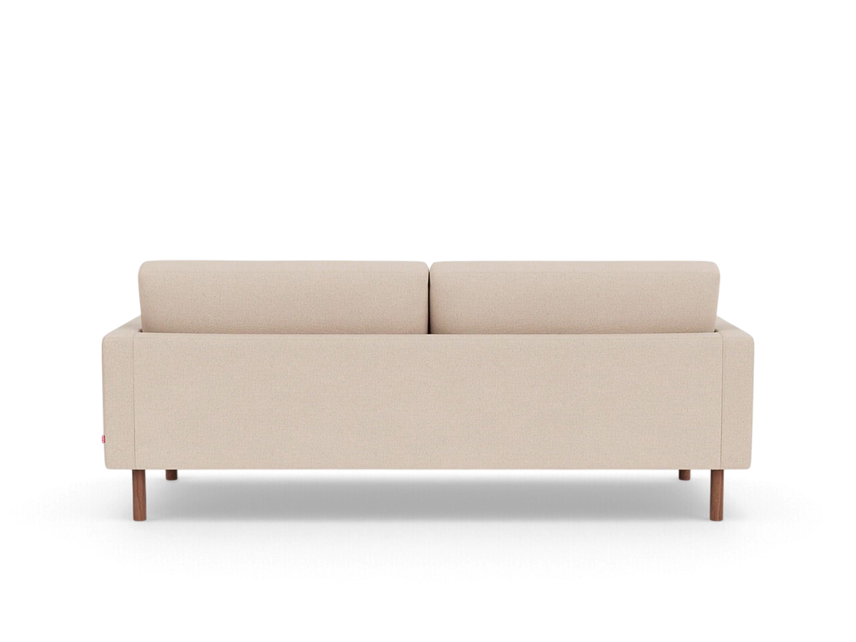 urbane EQ3 Joan 83 inch mid-century sofa in beige fabric with wooden legs, back view