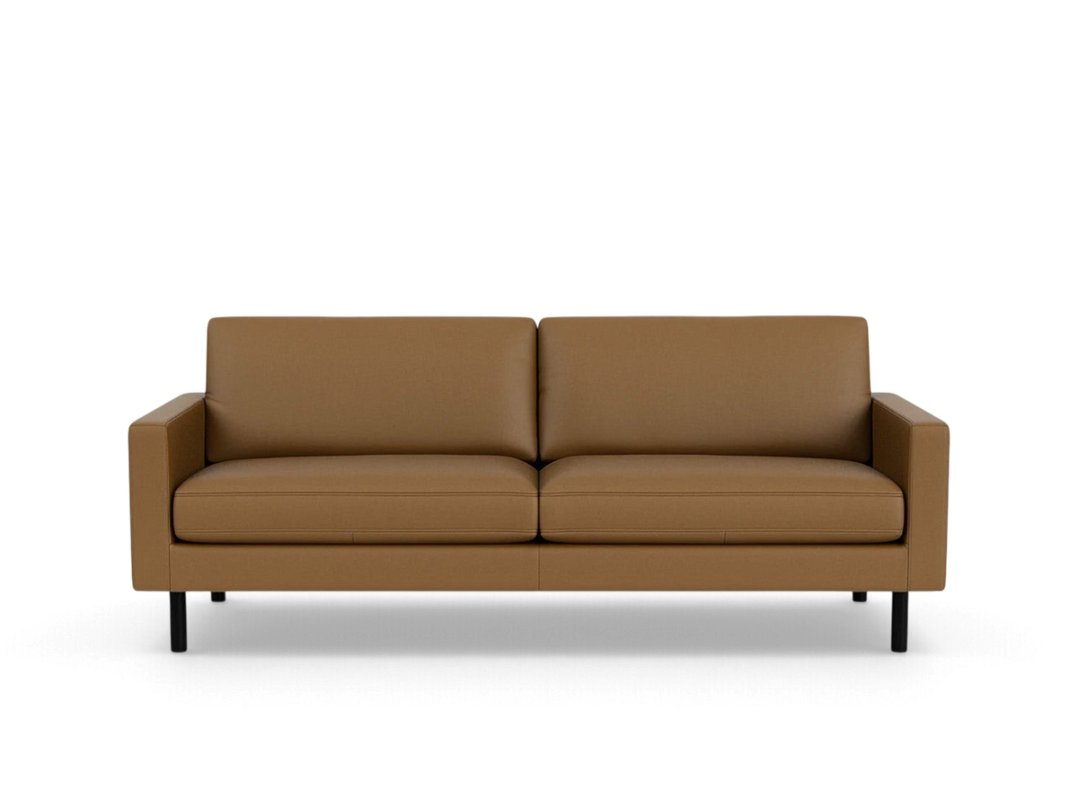 urbane EQ3 Joan 83-inch mid-century modern sofa in tan leather with black metal legs