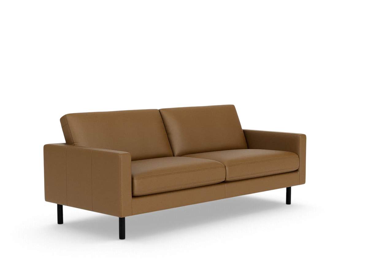 urbane EQ3 Joan 83-inch mid-century modern sofa in tan leather with black metal legs