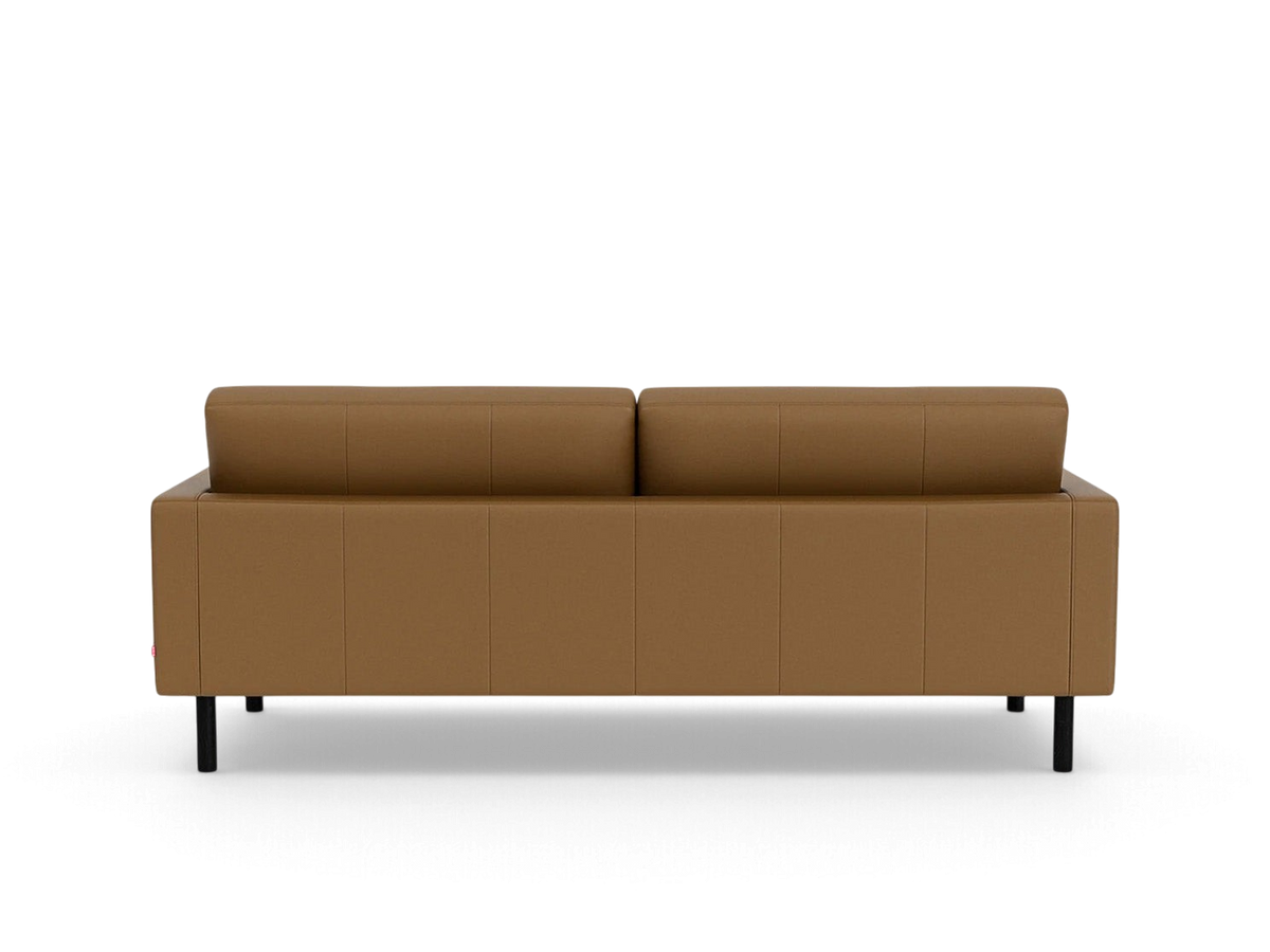 urbane EQ3 Joan 83-inch mid-century modern sofa in tan leather with black legs, back view